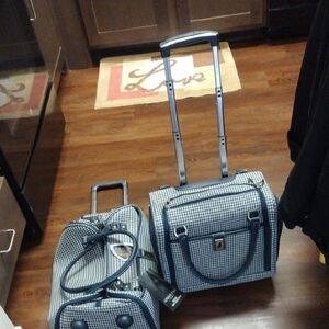 LF Blue and White Checkered Travel Bags